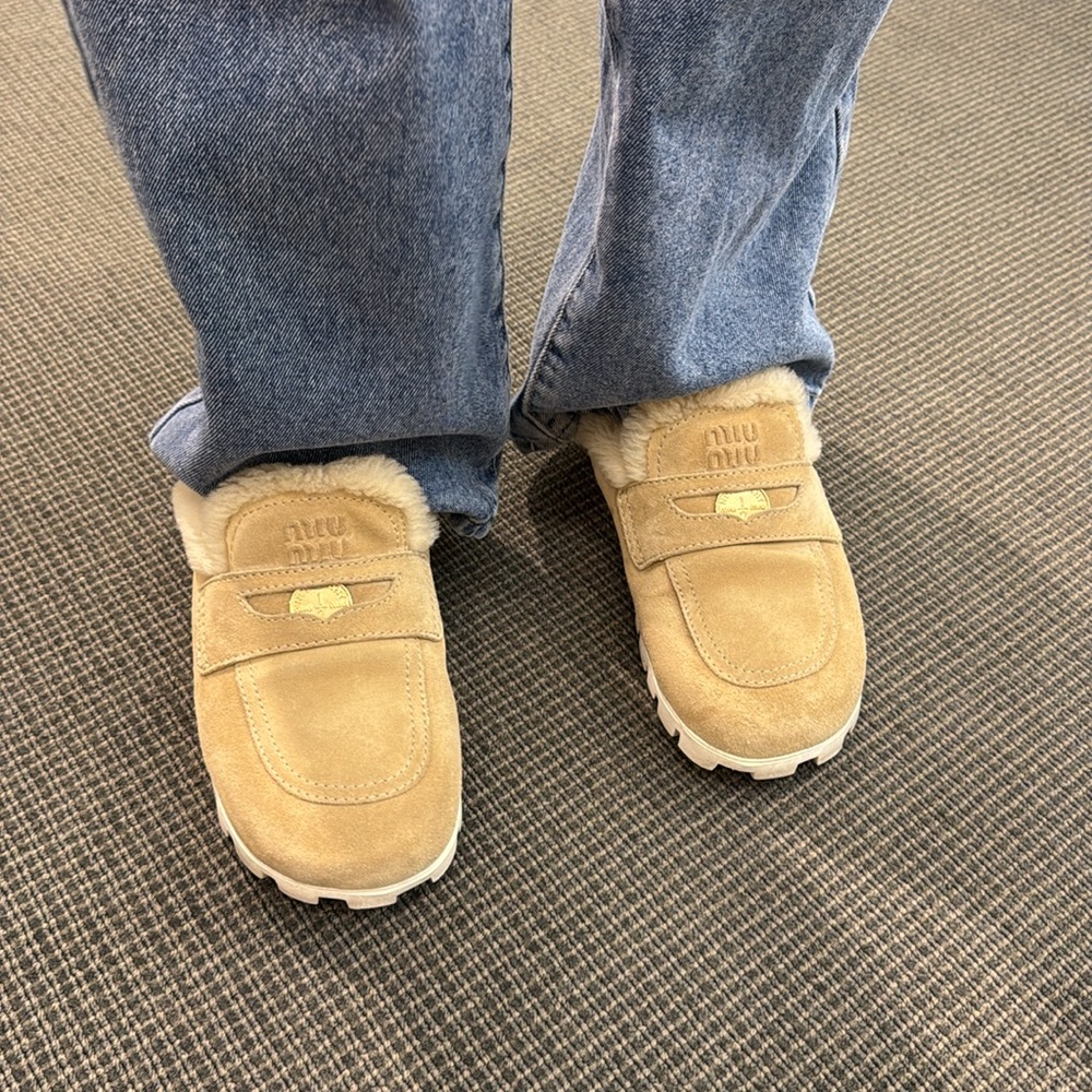 Miu Miu Tan Suede Slip-On Shoes